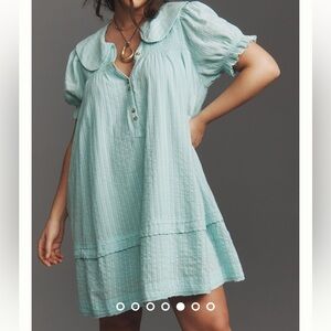 Anthropologie PILCRO Findley Puff Sleeve Collared Mini Dress Mint Cotton SZ 1X